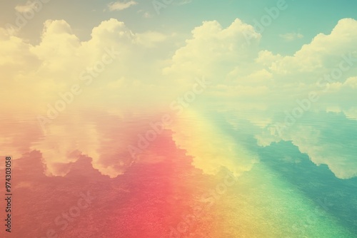 Digital Dreamland - Pixelated Rainbow Scene with Whimsical Retro Vibes and Vibrant Double Exposure Effect for Copy Space