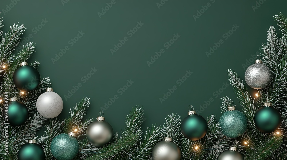 Decorative evergreen branches adorned with silver and teal ornaments, perfect for a festive holiday backdrop or seasonal decoration Decorative evergreen branches adorned with silver and teal ornaments, perfect for a festive holiday backdrop or seasonal decoration
