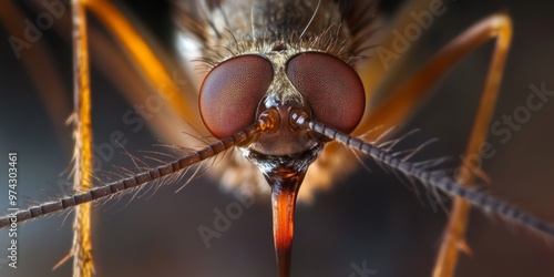 Extreme close-up of a mosquito’s head focusing on its antennae and complex eyes photo