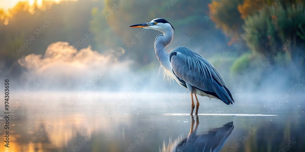 Naklejka premium A majestic grey heron stands serene amidst misty dawn waters, embodying patience, persistence, and wisdom, its majestic form exuding calm contemplation and poetic beauty.