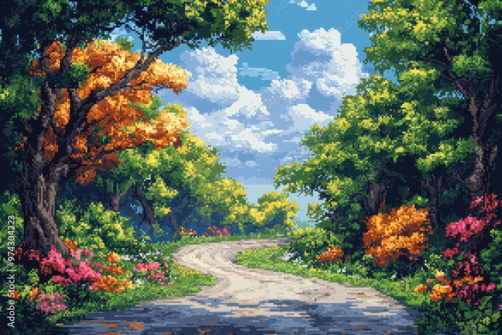 Pixelated Enchantment: Tranquil 8-Bit Forest with Meandering Road and Copy Space, Vibrant Overlay Effect Pixelated Enchantment: Tranquil 8-Bit Forest with Meandering Road and Copy Space, Vibrant Overlay Effect