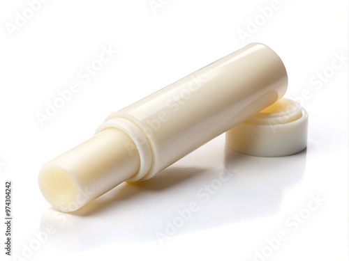 A small, rectangular tube of moisturizing lip balm with a twisted base and smooth, rounded tip lies horizontally on a clean, white background. photo