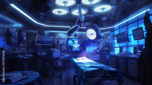 A modern surgical room with bright blue lights and advanced medical equipment, designed for effective surgeries and patient care.