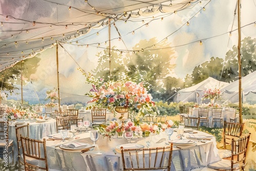 A beautiful outdoor wedding reception with a large white tent, decorated tables, and a stunning floral centerpiece. The sun shines through the tent's canopy, creating a warm