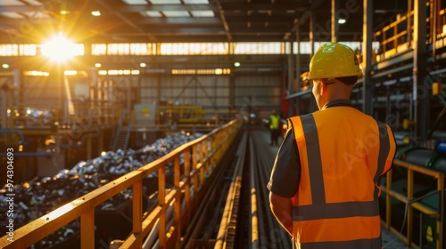 A worker in a hard hat and vest observes the industrial site at sunrise, highlighting safety and productivity in the workplace.