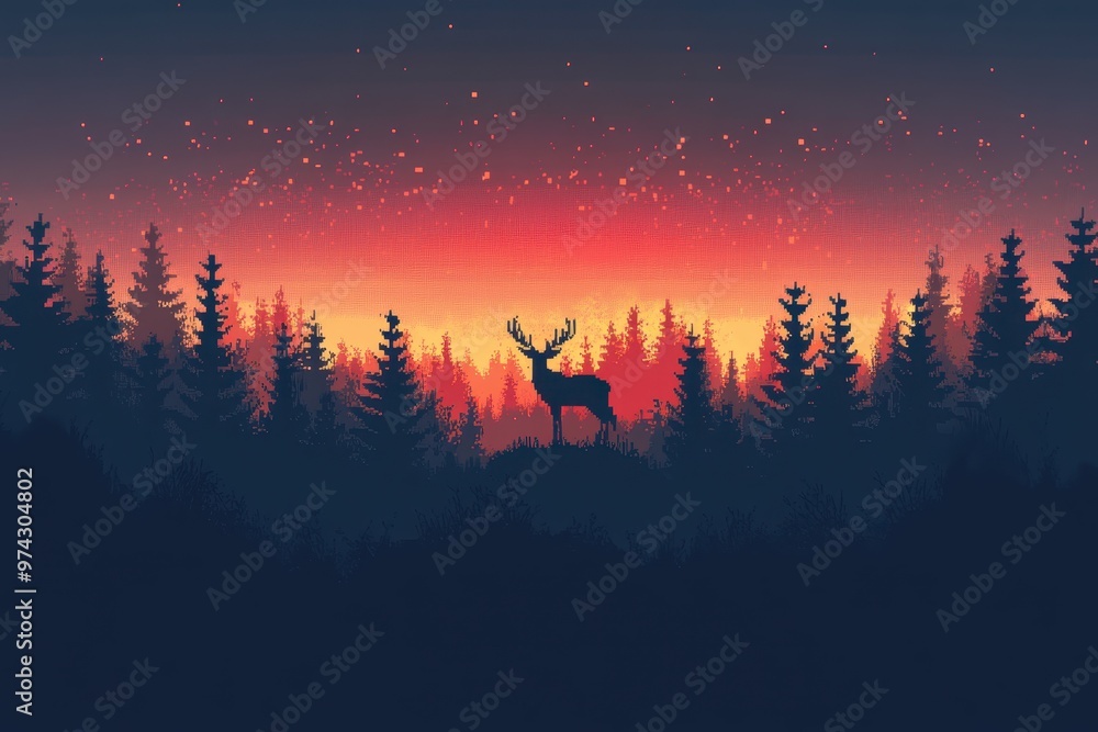 Fototapeta premium Whimsical Pixelated Forest Adventure - Retro Day and Night Scene with Wildlife in Fusion Effect, Copy Space Included