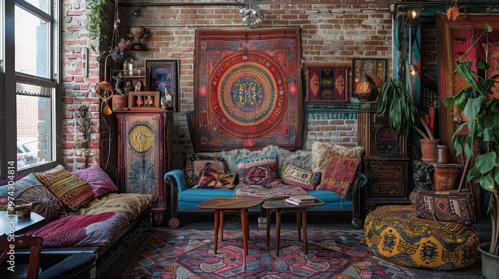 Obraz premium A bohemian living room with colorful furniture, patterned rugs, and eclectic decor.