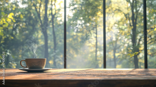 Coffee cup on a wooden table during breakfast