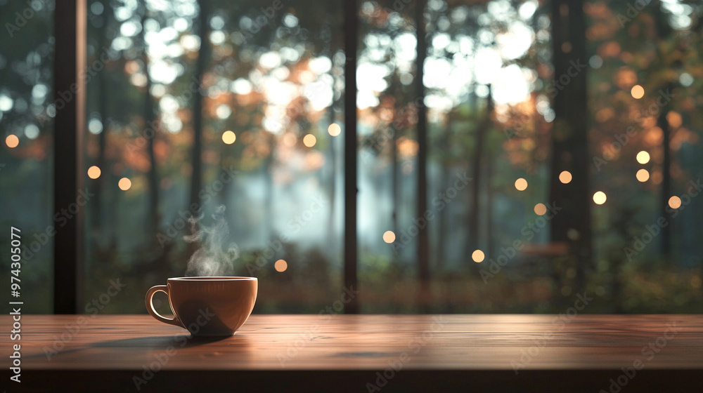 Fototapeta premium Coffee cup on a wooden table during breakfast