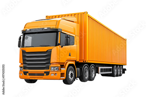 Vibrant orange truck with a shipping container