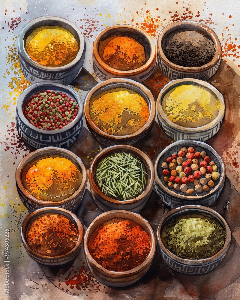 A collection of colorful spices in small bowls, arranged in a grid pattern. A collection of colorful spices in small bowls, arranged in a grid pattern.