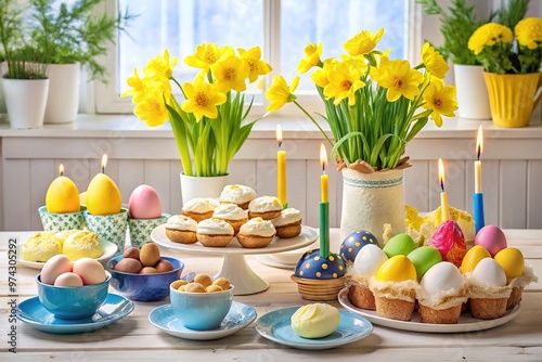 Colorful Swedish Easter table setting with decorated eggs, daffodils, and traditional treats likeSemantic, and Swedish flags, surrounded by pastel-colored candles and spring flowers.