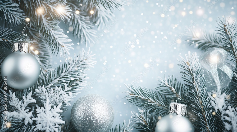 Winter holiday decorations with silver ornaments on evergreen branches and falling snowflakes in a serene atmosphere Winter holiday decorations with silver ornaments on evergreen branches and falling snowflakes in a serene atmosphere