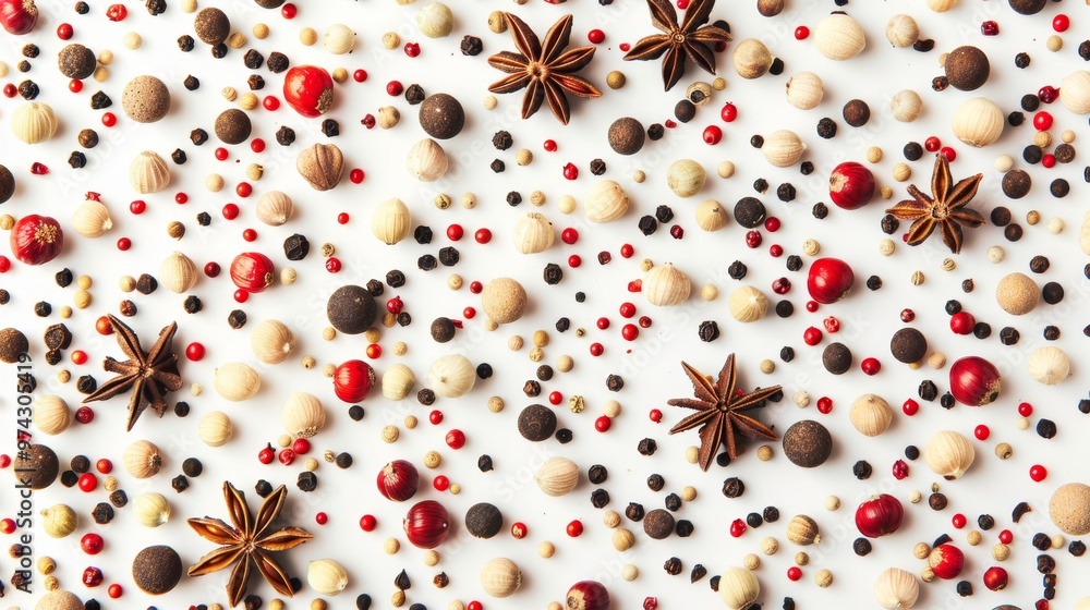 A colorful and aromatic mix of spices, including star anise, peppercorns, and allspice, scattered on a white background. A colorful and aromatic mix of spices, including star anise, peppercorns, and allspice, scattered on a white background.