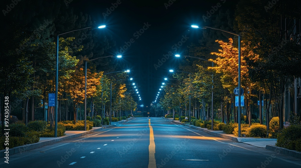 A serene nighttime street lined with illuminated trees and lampposts. A serene nighttime street lined with illuminated trees and lampposts.