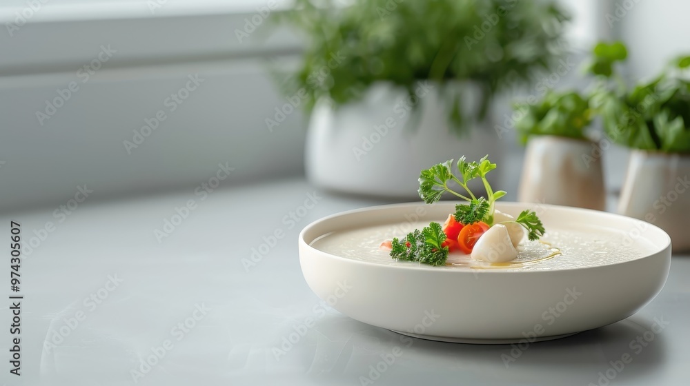 A deconstructed avgolemono soup served on a sleek white plate. A deconstructed avgolemono soup served on a sleek white plate.