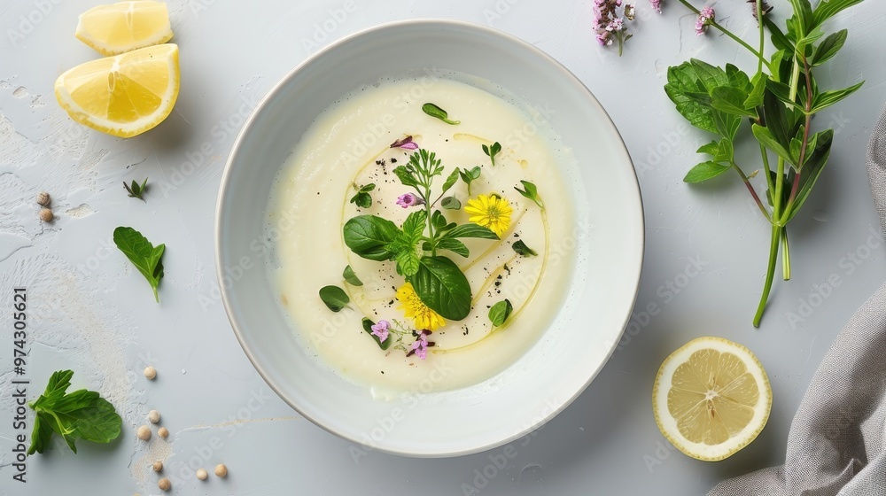 A deconstructed avgolemono soup served on a sleek white plate.