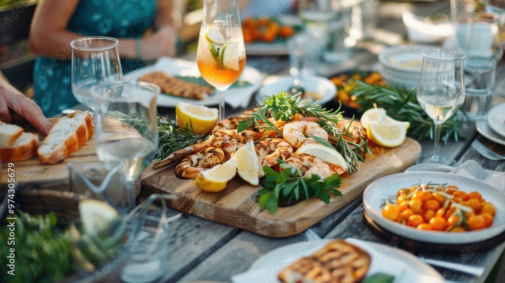 A platter of grilled seafood with vibrant orange seafood sauce. A platter of grilled seafood with vibrant orange seafood sauce.