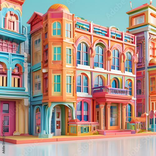 A colorful, isometric illustration of a row of historic buildings with ornate facades.