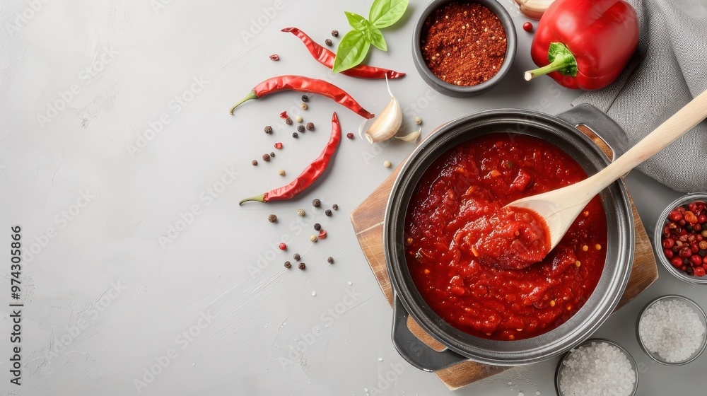 A chef making homemade hot sauce in a rustic kitchen. A chef making homemade hot sauce in a rustic kitchen.