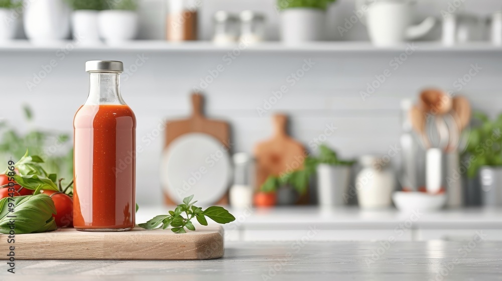 A sleek glass bottle of hot sauce on a modern kitchen countertop. A sleek glass bottle of hot sauce on a modern kitchen countertop.