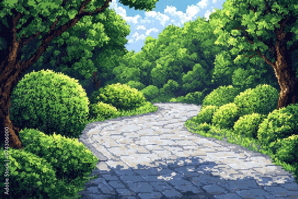 Enchanted Retro Game World: Pixelated Road Through Dense Forest with Whimsical Overlay Technique Enchanted Retro Game World: Pixelated Road Through Dense Forest with Whimsical Overlay Technique