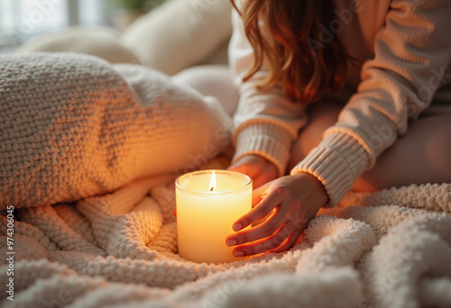 Woman lighting candle on cozy knitted blanket