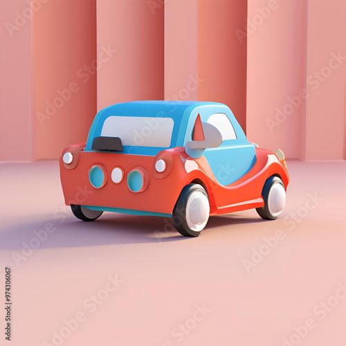 A small, cartoon-style car with a red body and a blue roof. The car is shown from the back, and the background is a soft pink.