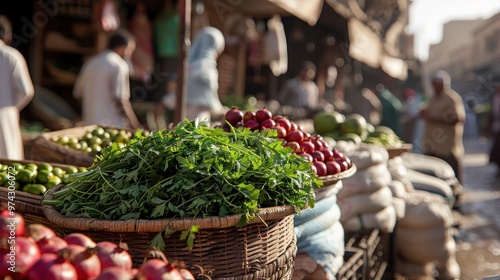 A bustling Middle Eastern market with fresh produce for Ajad. photo