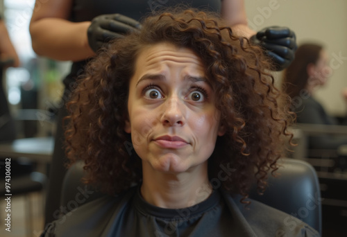 Surprised woman with curly hair at a hair salon