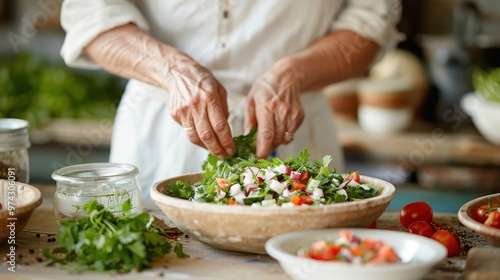 A woman preparing traditional Ajad salad in a rustic Armenian kitchen.