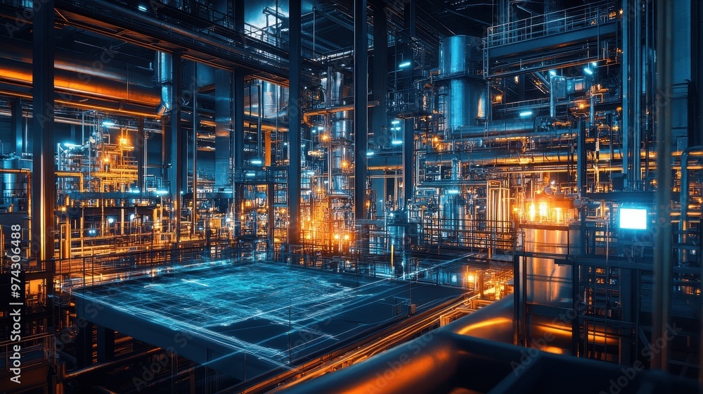 Futuristic Industrial Complex with Illuminated Machinery and Pipeworks Futuristic Industrial Complex with Illuminated Machinery and Pipeworks