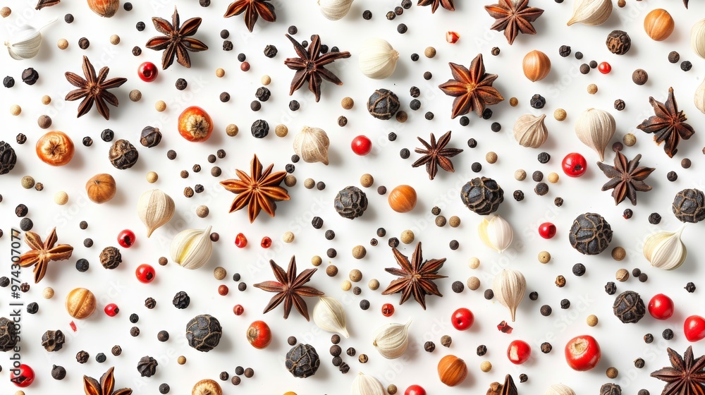 A flat lay of various spices, including star anise, peppercorns, and cloves, arranged in a repeating pattern on a white background. A flat lay of various spices, including star anise, peppercorns, and cloves, arranged in a repeating pattern on a white background.