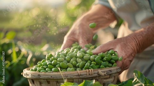 A hand shelling fresh broad beans, showcasing their vibrant green color and plumpness. photo