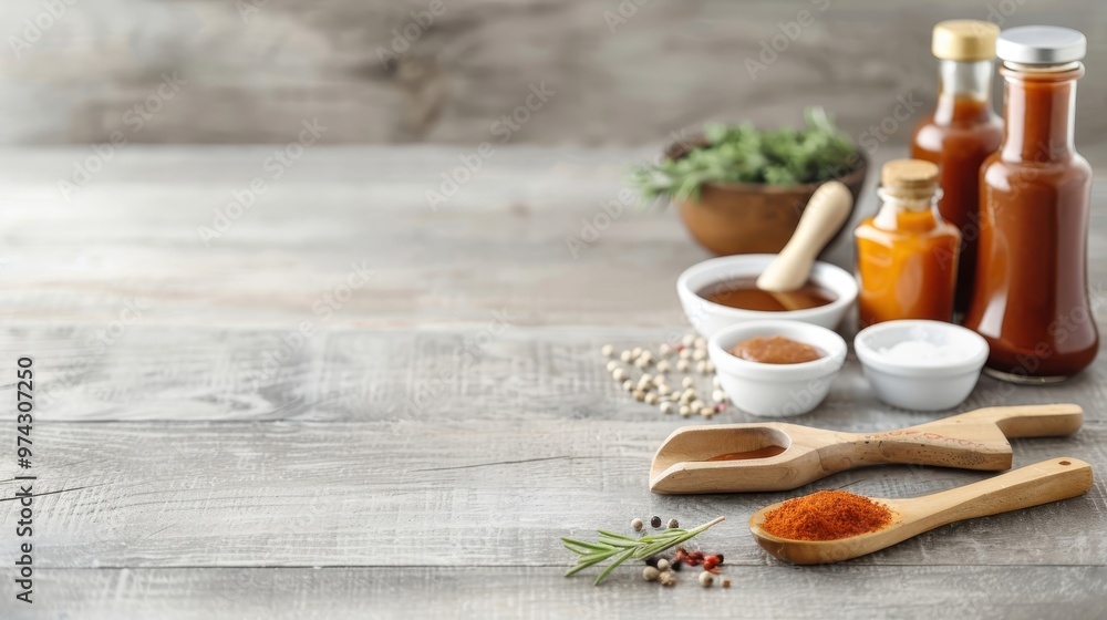 An array of homemade barbecue sauces on a rustic kitchen counter. An array of homemade barbecue sauces on a rustic kitchen counter.