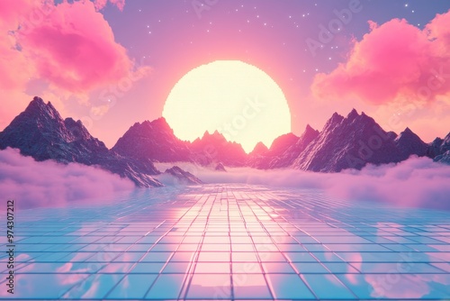 Serene Retro Landscape with Pixelated Sun and Minimal Textures, Surreal Composite Finish for Copy Space Design