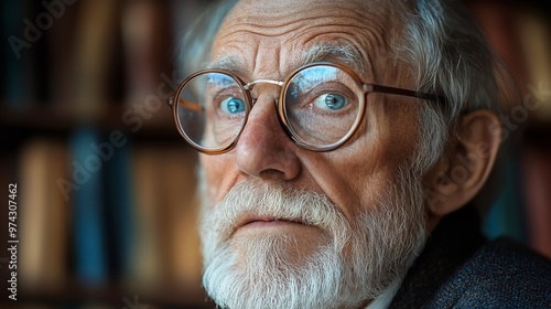 A dignified elderly man with gray hair and glasses, sitting in a cozy room with bookshelves in the background.