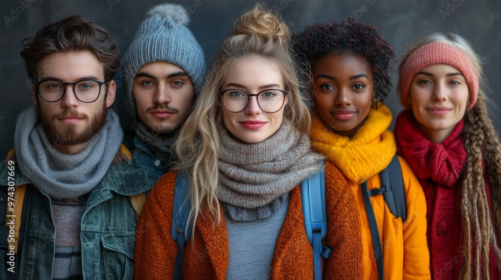 A diverse group of friends stands side by side, wearing colorful winter clothing including scarves, hats, and coats. A diverse group of friends stands side by side, wearing colorful winter clothing including scarves, hats, and coats.