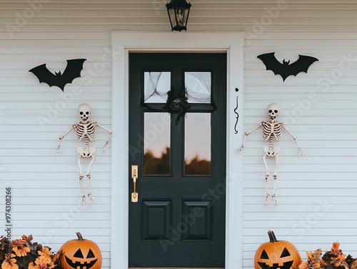 A front porch covered in Halloween decorations, including skeletons, bats, and spider webs, close-up of the doorway, soft evening light, inviting yet spooky photo