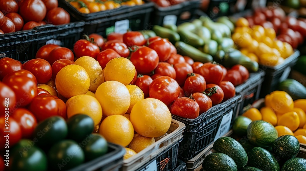A vibrant display of fresh fruits and vegetables at a market. A vibrant display of fresh fruits and vegetables at a market.