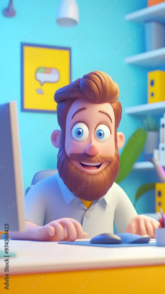 3D cartoon of a happy man with a beard sitting at a desk using a computer in an office 3D cartoon of a happy man with a beard sitting at a desk using a computer in an office