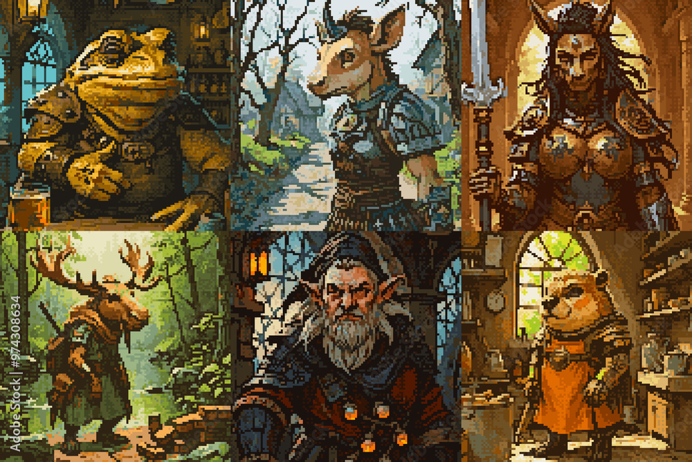 Obraz premium Brokers and dealers, Pixel art style fantasy character grid