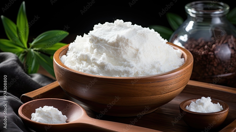 On a white background, whipped yogurt with sour cream in a wooden bowl On a white background, whipped yogurt with sour cream in a wooden bowl