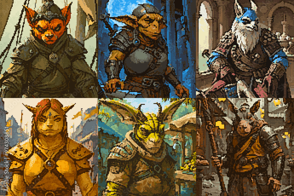 Portraits of a party of anthropomorphic adventurers, Pixel art style fantasy character grid Portraits of a party of anthropomorphic adventurers, Pixel art style fantasy character grid