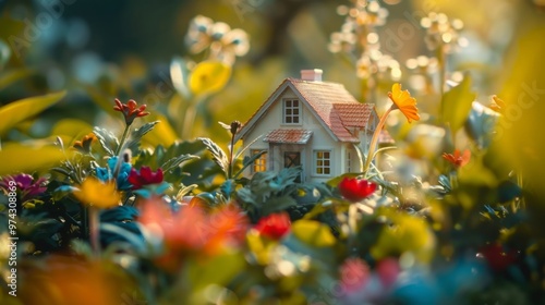 Wallpaper Mural A small house surrounded by colorful flowers in a sunny garden, creating a vibrant and inviting atmosphere for relaxation. Torontodigital.ca