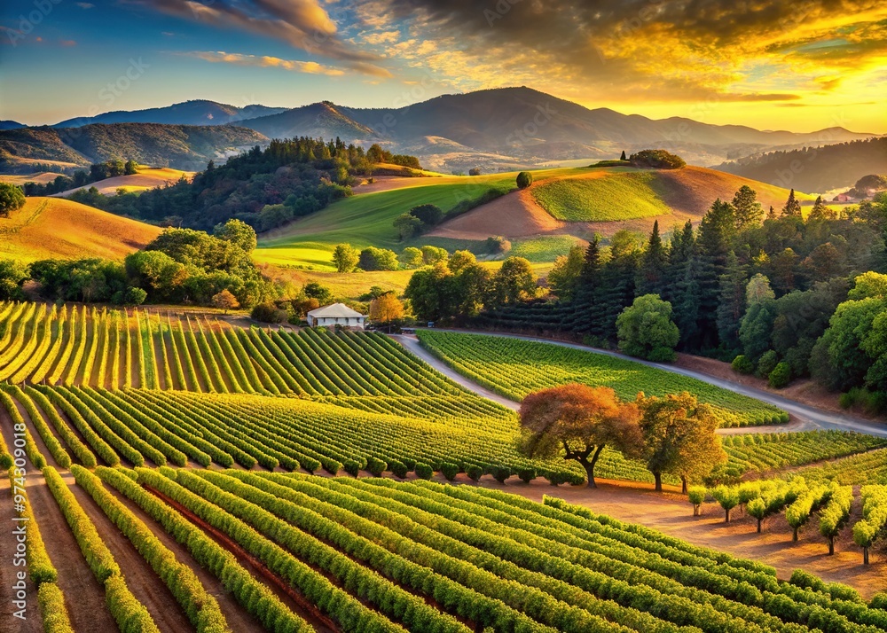 Naklejka premium Picturesque Rolling Vineyards Stretch Across Lush Hillsides, Framing A Stunning Napa California Landscape.