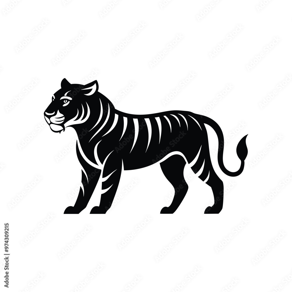 A silhouette of a tiger standing in front of a white background, with a black stripe on its. A silhouette of a tiger standing in front of a white background, with a black stripe on its.