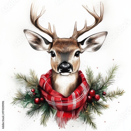Festively adorned deer with a plaid scarf surrounded by pine branches and berries