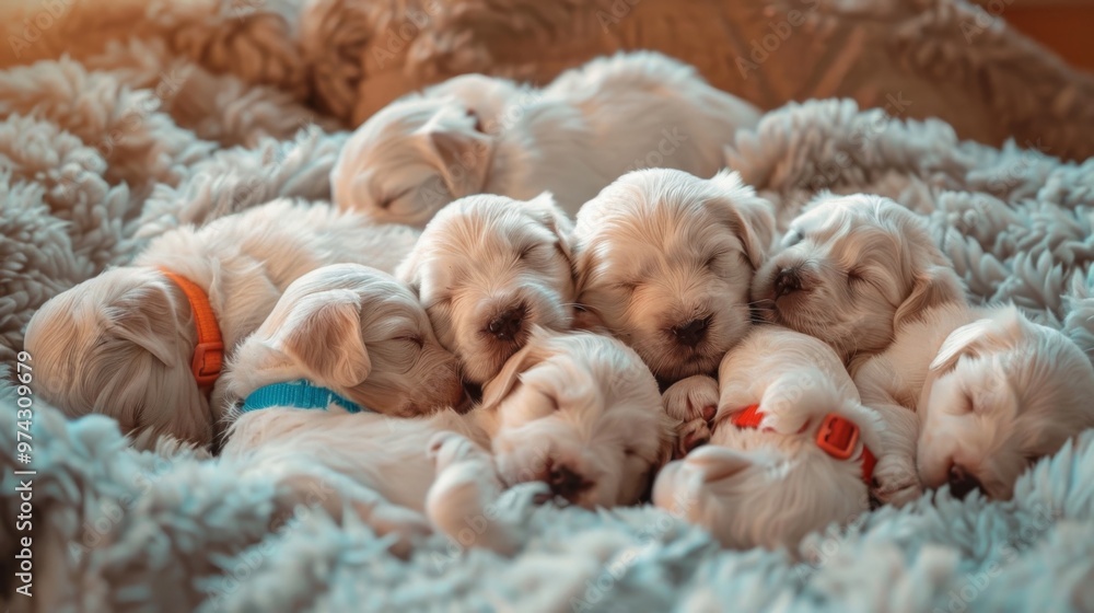 Adorable puppies sleeping together on soft blanket, creating a heartwarming moment of innocence and joy in the nursery.