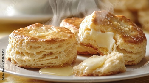 Biscuits with golden-brown crusts and soft interiors melted butter glistening with steam rising from broken biscuits creating an inviting and comforting scene